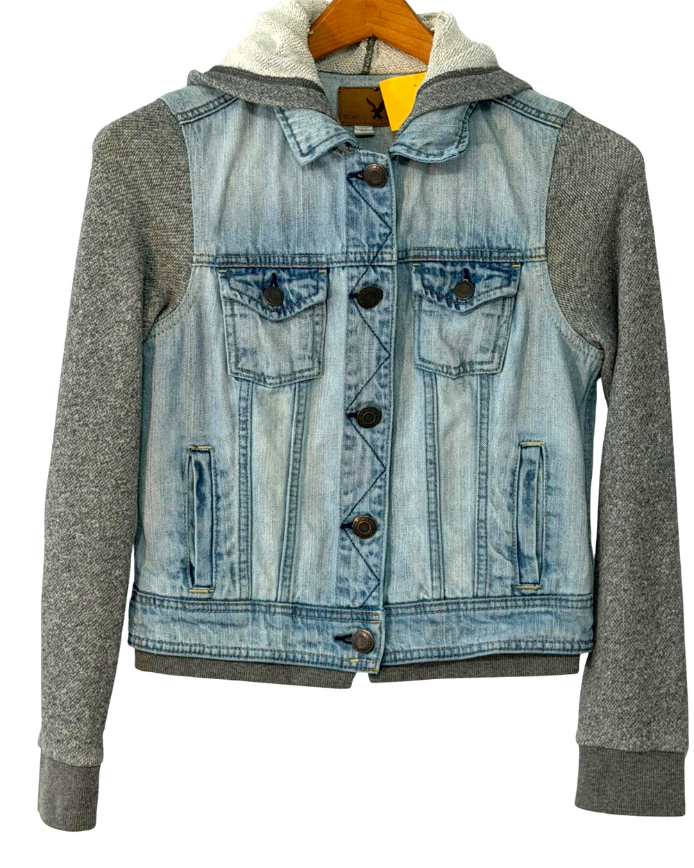 American Eagle Sz S Hooded Denim Jacket Gray Sweatshirt Sleeves Y2K Streetwear